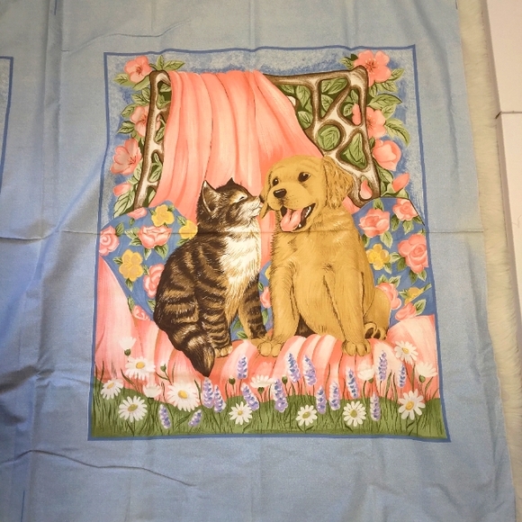 FABRIC PANEL Happy Puppy And Kitten Wall Hanging Or Lap Quilt. 2 Panels - Picture 1 of 5